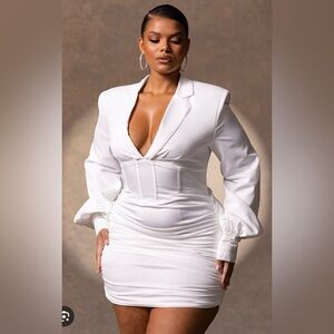 PrettyLittleThing White Ruched Bodycon Dress with Bishop Sleeves